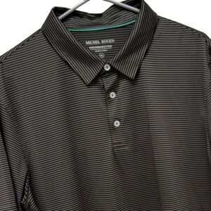 Michel Rouen Mens XL Grey Black Striped Performance Golf Polo Shirt Short Sleeve